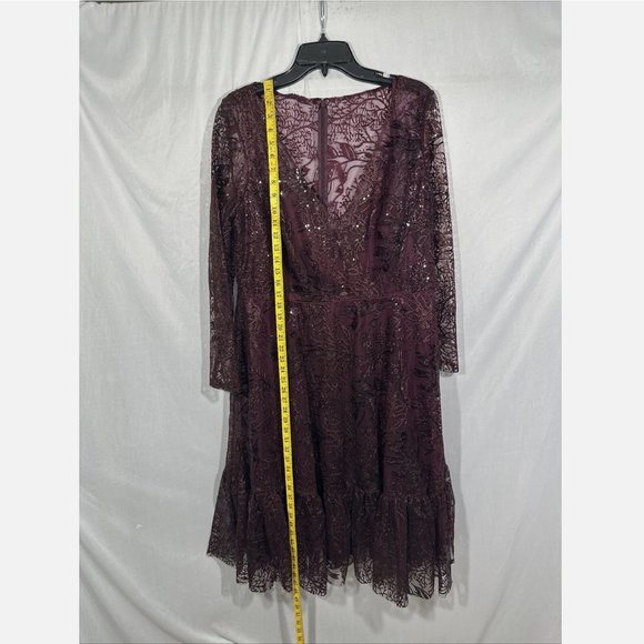 NWT $498 Mac Duggal [ 16 ] Lace Embellished Long‎ Sleeve Ruffle Dress Wine Red - Picture 10 of 15